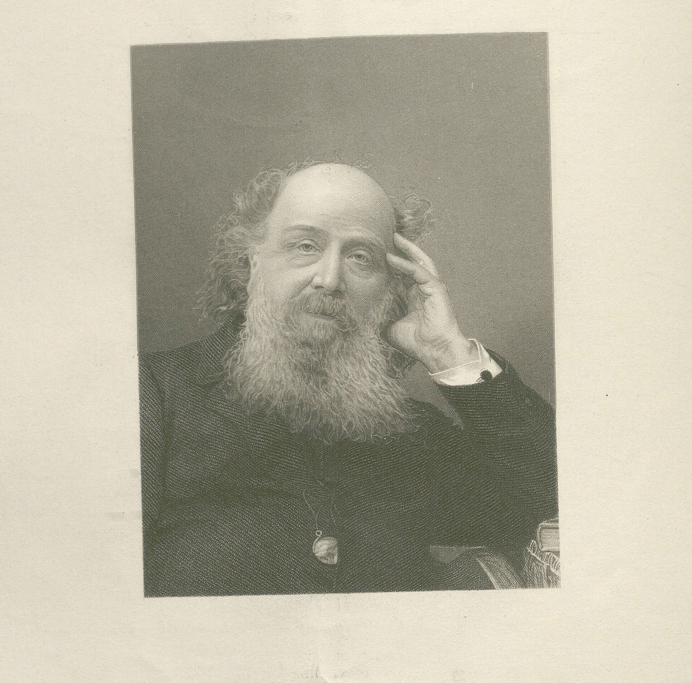 An engraving of an older man. He is bald on the top of his head and has a large beard. His pose is casual, with his hand resting on the side of his head.