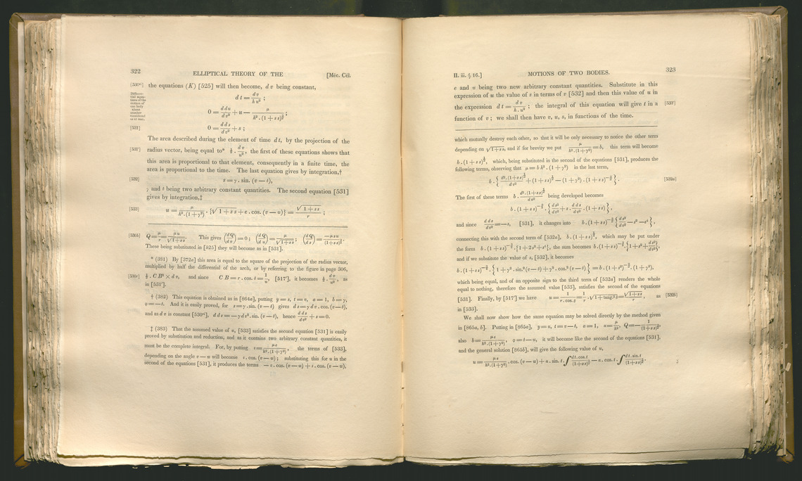 Two printed pages showing a mix of writing and mathematical forumlae. On the left page, there is a long explanatory footnote with additional formulae.