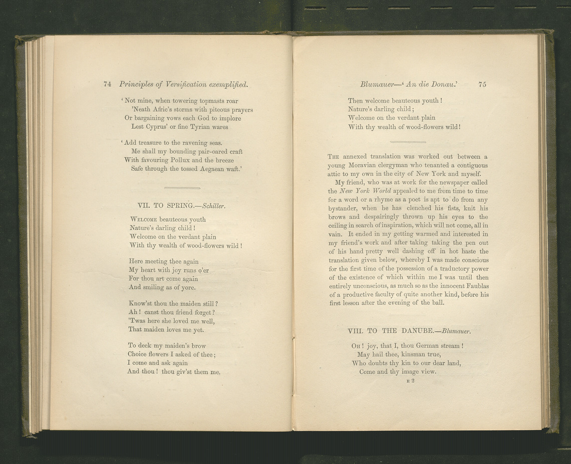 Two printed pages featuring translations of poetry and commentary on their metrical values