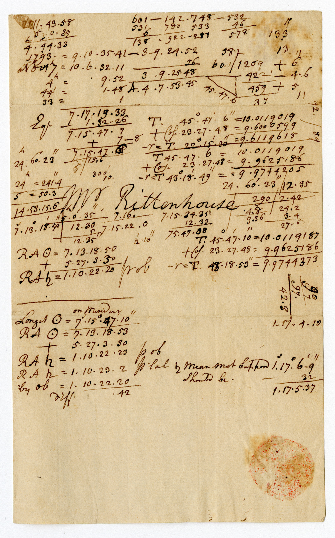 Outside portion of a letter featuring the addressee's name. The letter was later used as scratch paper and the original material has been almost completely overwritten with calculations.