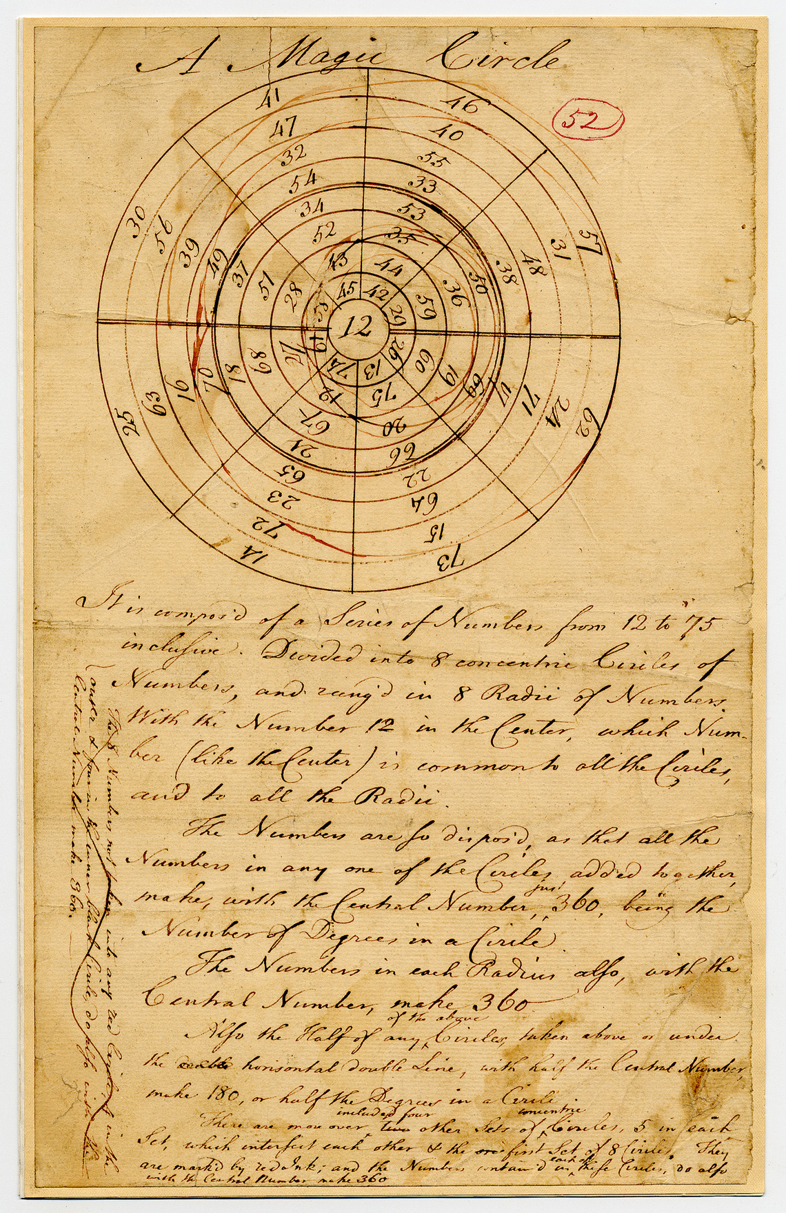 A manuscript page showing a circle composed of various rows in a semi-spiral pattern. The rows are cut up by diagonal lines, and each resulting box contains a number.