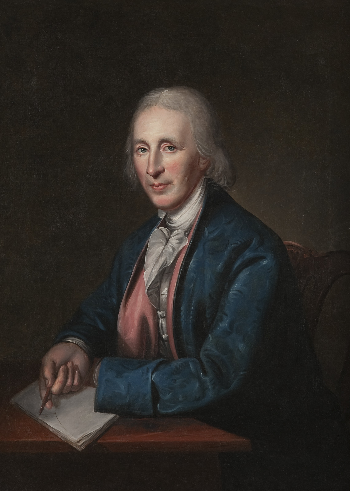 An oil on canvas painting of a pale white man with long white hair in rich 18th century dress. He looks at the viewe directly in a three-quarters portrait.